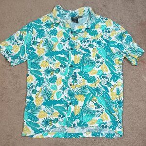 Disney/Mickey Mouse Hawaiian Shirt/Men M/Teal White Yellow/Tropical Vacation Alo